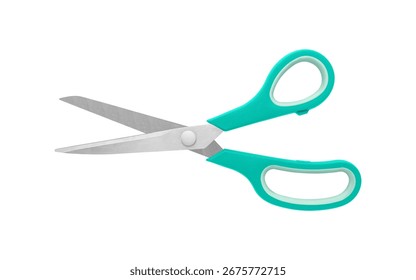 A pair of blue handled scissors in half-open position on a white background, displaying stainless steel blades and ergonomic handles. Suitable for precision cutting in office or craft, isolated image.