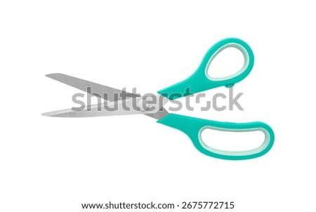 A pair of blue handled scissors in half-open position on a white background, displaying stainless steel blades and ergonomic handles. Suitable for precision cutting in office or craft, isolated image.