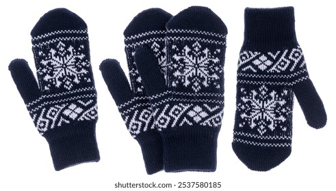 Pair of blue knitted mittens with a white nordic pattern isolated on a white background - Powered by Shutterstock