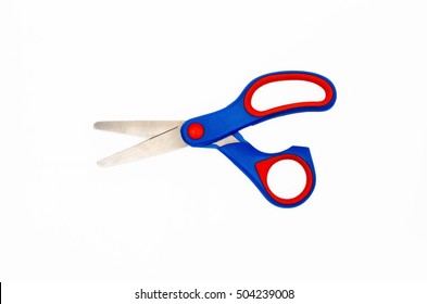 Pair of blue red handled kids scissors isolated on white background