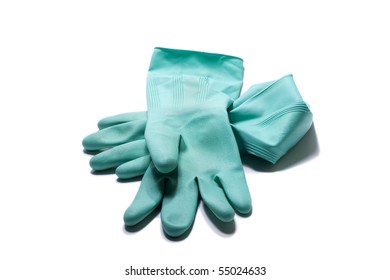 A Pair Of Blue Rubber Cleaning Gloves Isolated On A White Background.