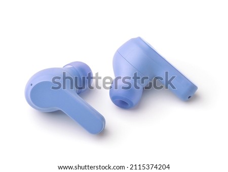 Pair of blue true wireless earbuds isolated on white