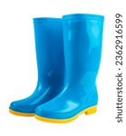 Pair of blue and yellow rubber boots isolated on white background, Saved clipping path.