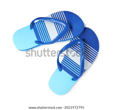 Pair of bright flip flops isolated on white, top view