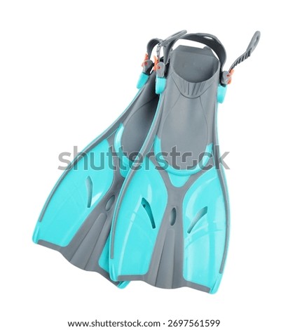 Pair of bright flippers isolated on white, top view. Swimming accessory