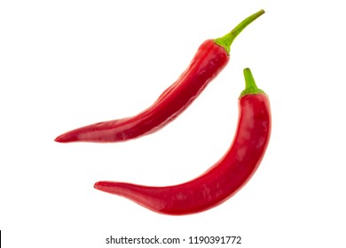 Pair Bright Red Chilli Peppers Long Twisted Pod On White Isolated Background Culinary Background