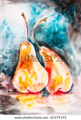 Pair bright yellow pears drawn by water color colors on a water color paper