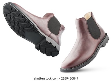 Pair Of Brown Leather Chelsea Boots Isolated On White Background With Clipping Path. Walking Shoes. Full Depth Of Field