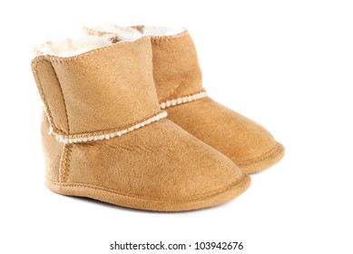 Pair Of Brown Winter Boots Over Pure White Background