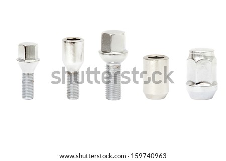 Pair of car wheel bolts and nuts isolated on white