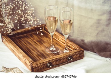 Pair Of Champagne Flutes, Wine Glasses And Wooden Tray,  On The Wedding Table, Mockup. Vintage Rustic Style.