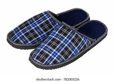 Pair Of Checked Blue Slippers On White Background