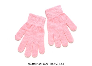 Pair Of Childs Pink Knitted Gloves From Above Isolated On White