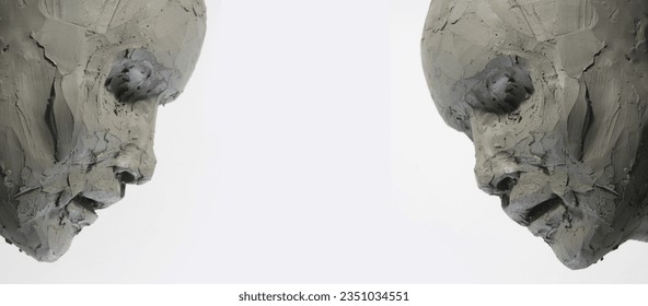 Pair of clay faces on a white background. Portrait, sketch without eyes. Artwork in process of creation. Artistic banner for modelling and sculpture, fine arts workshop, contemporary art. - Powered by Shutterstock