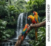 A pair of colorful parrots sharing a perch, with a jungle waterfall in the background.