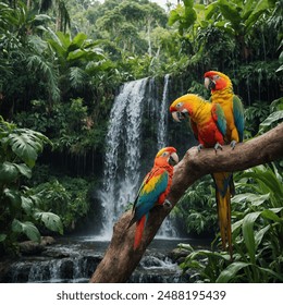 A pair of colorful parrots sharing a perch, with a jungle waterfall in the background.