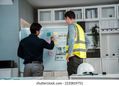 A pair of competent investor and engineer brainstorming on the whiteboard to find new ideas and making plans. The concept of a team gather ideas together. - Shutterstock ID 2233819751