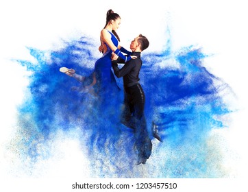 Pair of dancers dancing ballroom. Color dust effect background