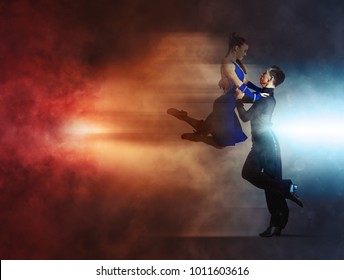 Pair Of Dancers Dancing Ballroom Smoke Background