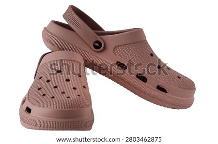 Pair of dusty rose rubber clogs isolated on white background. Casual waterproof summer footwear, garden shoes, or beach slippers
