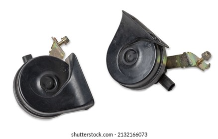 Pair Of Electric Black Plastic Horns In Retro Style - Car Horn On White Isolated Background In Photo Studio. Spare Part For Sale Or Repair In A Workshop, Or Tuning A Buzzer Sound In Car Service.