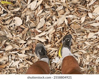 A pair of feet in sports shoes on dry grass - Powered by Shutterstock