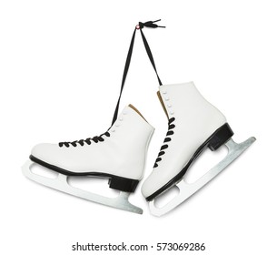 Pair Of Figure Ice Skates Hanging Isolated On White Background.