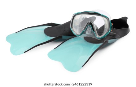 Pair of flippers and diving mask isolated on white. Sports equipment