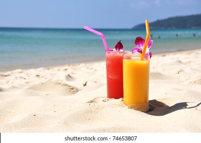 Pair Of Fruit Shakes On The Tropical Beach