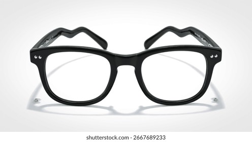 A pair of glossy black rectangular eyeglasses with a thick frame and distinctive silver rivet details on the temples. Presented against a clean white backdrop.