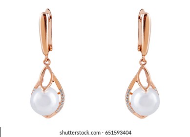 Pair Of Gold Earring With Pearl Isolated On White 