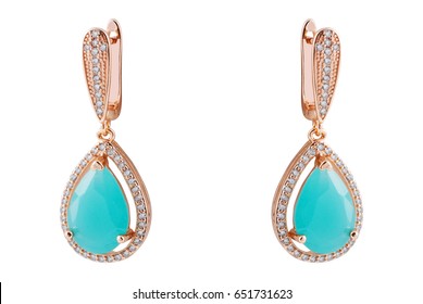 Pair Of Gold Earring With Turquoise Isolated On White 