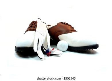 Pair Of Golf Shoes With Glove And Ball Isolated On A White Background