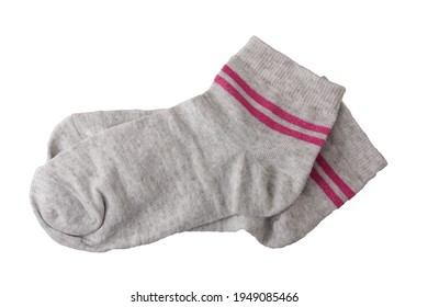 Pair Of Grey Striped Cotton Socks Isolated On White Background. Fast Fashion, Mass Production Concept