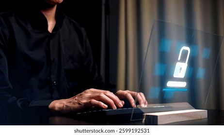 A pair of hands on a keyboard, with binary code and programming language overlayed on top. A red graphic of a closed padlock sits centered, indicating data security of cyber and data protection.