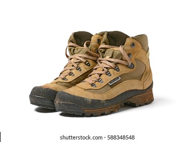 A Pair Of Hiking Boots - White Background - Closeup