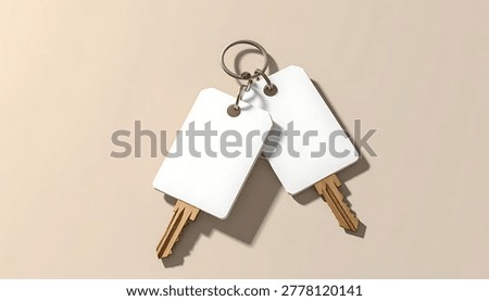A pair of identical keys with white rectangular tags, fastened to a silver metal ring, isolated on a neutral background.