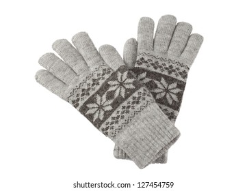 A Pair Of Knitted Winter Gloves Isolated On White Background