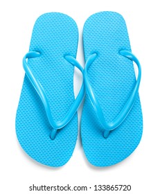 A Pair Of Light Blue Flipflops On A White Background