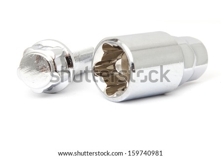 Pair of lock car wheel bolts isolated on white