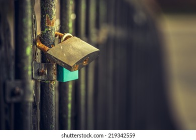 Pair of locked padlocks on the bridge as a symbol of eternal love, romance, marriage. Shallow depth of field and copy space.