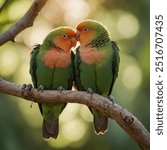 A pair of lovebirds nestled close together on a branch, their bright green and peach-colored feathers glowing in the warm sunlight as they preen each other.