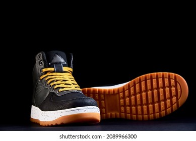 Pair Of Male Shoes On Black Background, Black Stylish Boots, Close Up