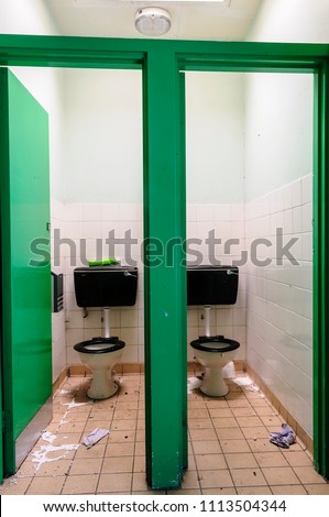 Pair of messy toilets with litter