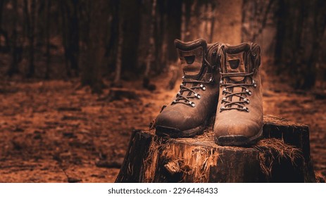 A pair of muddy brown leather hiking boots sit on a tree trunk in a forest with a vintage feel - Powered by Shutterstock