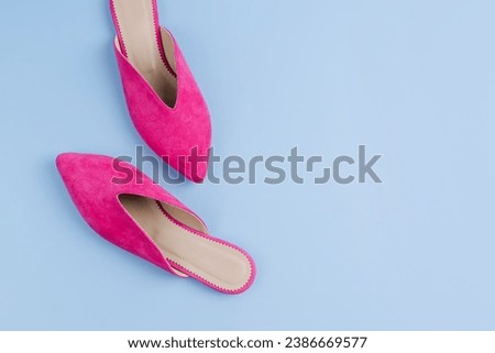 A pair of mules shoes on bllue background. Pink women’s flat shoes. Fashion ballet shoes, loafers. Stylish accessories.