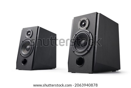 Pair of new black bookshelf speakers isolated on white background.