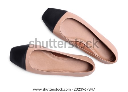 Pair of new stylish square toe ballet flats on white background, top view