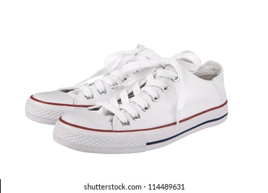 Pair Of New White Sneakers On White Background