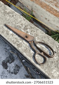 A pair of old, rusty scissors rests on a weathered concrete surface, hinting at a forgotten past and rustic charm.